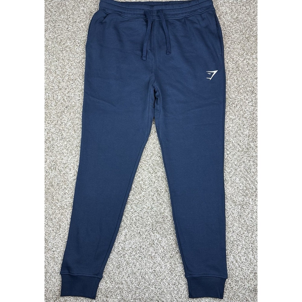 Gymshark Sweatpants Men Medim Dark Blue Cuffed Joggers Embroidered Gym Workout